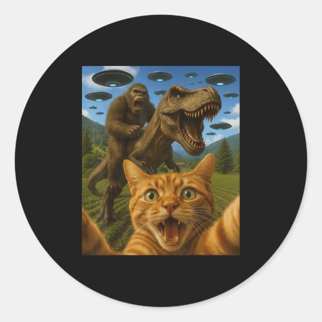 Funny Graphic Cat Selfie With Bigfoot Riding T-rex Classic Round Sticker (Front)