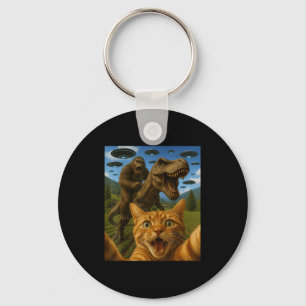 Funny Graphic Cat Selfie With Bigfoot Riding T-rex Key Ring