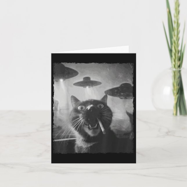 Funny Graphic Cat Smoking Ufos Funny  Card (Front)