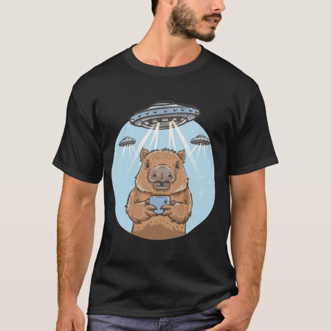 Funny Graphic Tee Capybara Selfie with UFOs Weird (Front)
