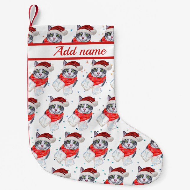 Funny Gray and White Tabby Cat Christmas Small Christmas Stocking (Front)