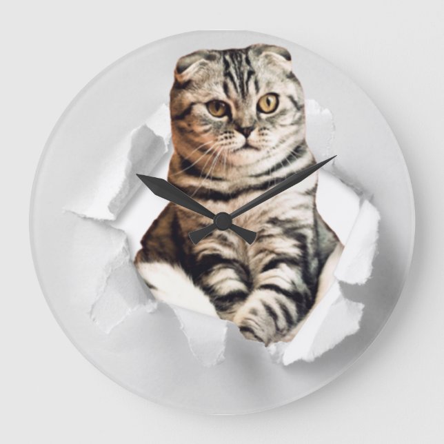Funny Gray Cat Popping thru Torn Paper Illusion Large Clock (Front)