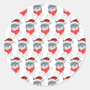 Funny Gray Tabby Cat With Santa Hat Christmas Classic Round Sticker