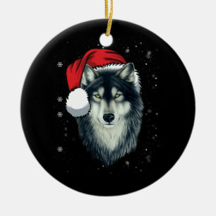 Funny Gray Wolf Christmas Santa Hat Wolves Outfit  Ceramic Ornament