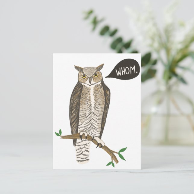 Funny Great Horned Owl WHOM Grammar  Postcard (Standing Front)
