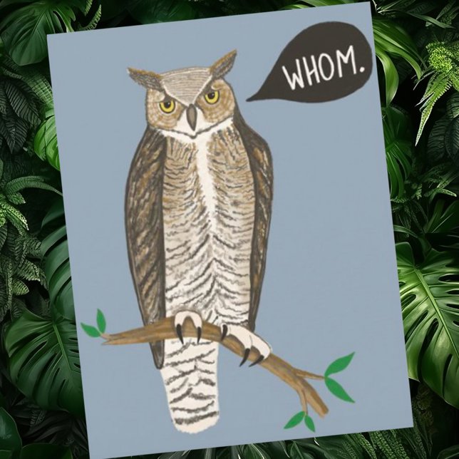 Funny Great Horned Owl WHOM Grammar  Postcard (Cute grammar owl custom postcard. Who = whom haha)