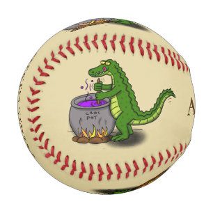 Funny green alligator cooking cartoon baseball