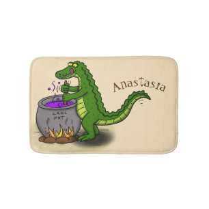 Funny green alligator cooking cartoon bath mat