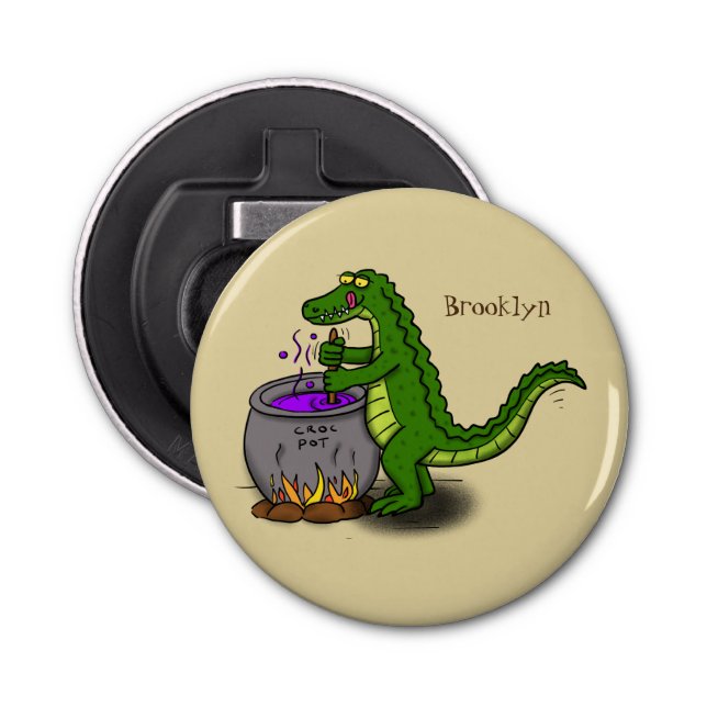 Funny green alligator cooking cartoon bottle opener (Front)