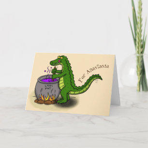 Funny green alligator cooking cartoon card