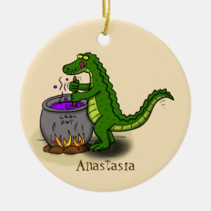 Funny green alligator cooking cartoon ceramic ornament