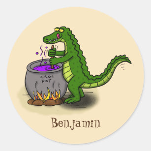 Funny green alligator cooking cartoon classic round sticker