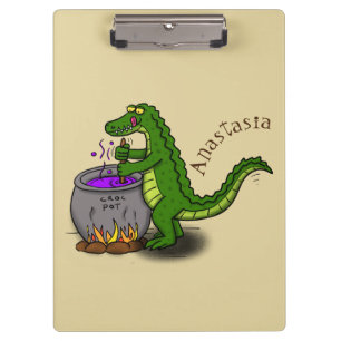 Funny green alligator cooking cartoon clipboard