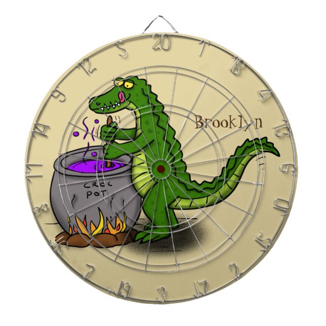 Funny green alligator cooking cartoon dartboard (Front)