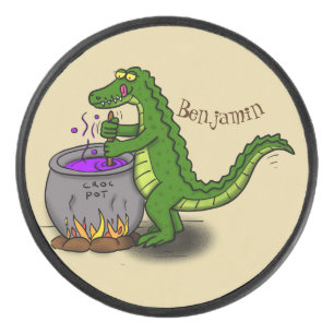 Funny green alligator cooking cartoon hockey puck