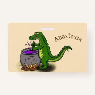 Funny green alligator cooking cartoon ID badge