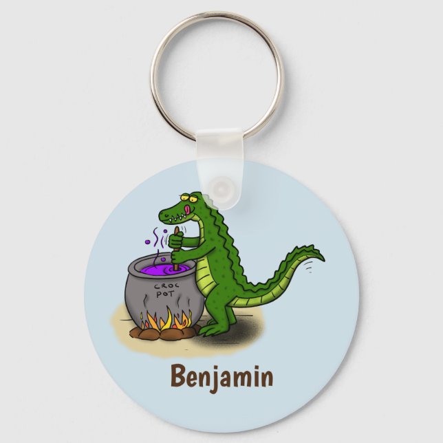 Funny green alligator cooking cartoon key ring (Front)