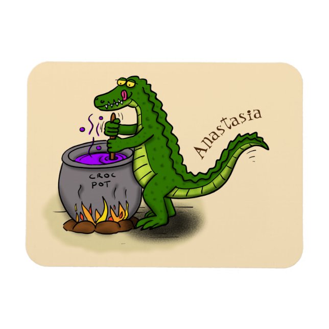 Funny green alligator cooking cartoon magnet (Horizontal)
