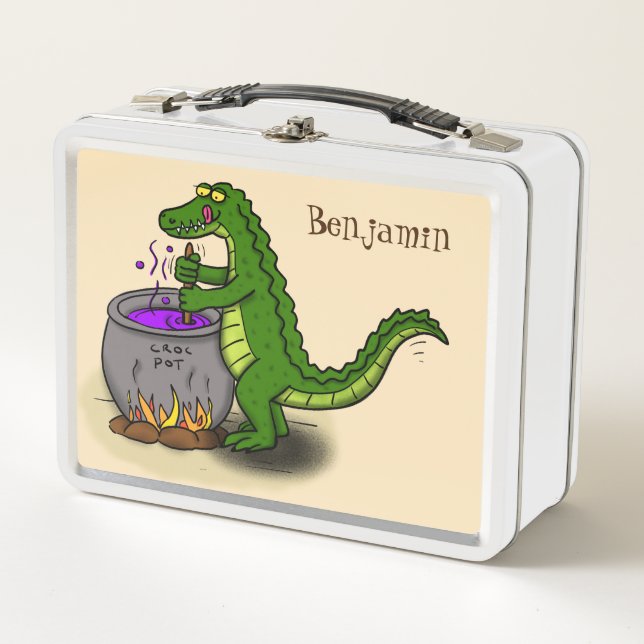 Funny green alligator cooking cartoon metal lunch box (Front)