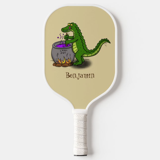 Funny green alligator cooking cartoon  pickleball paddle (Front)