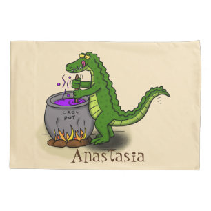 Funny green alligator cooking cartoon pillowcase