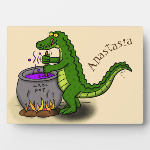 Funny green alligator cooking cartoon plaque