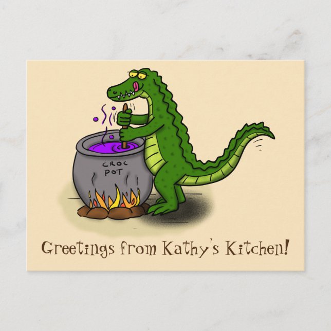 Funny green alligator cooking cartoon postcard (Front)
