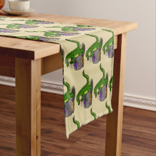 Funny green alligator cooking cartoon short table runner
