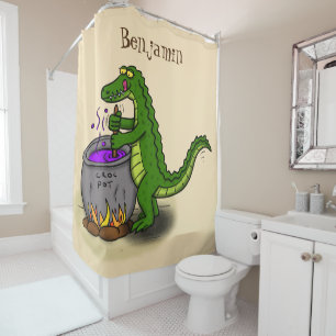 Funny green alligator cooking cartoon shower curtain
