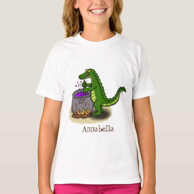Funny green alligator cooking cartoon T-Shirt (Front)