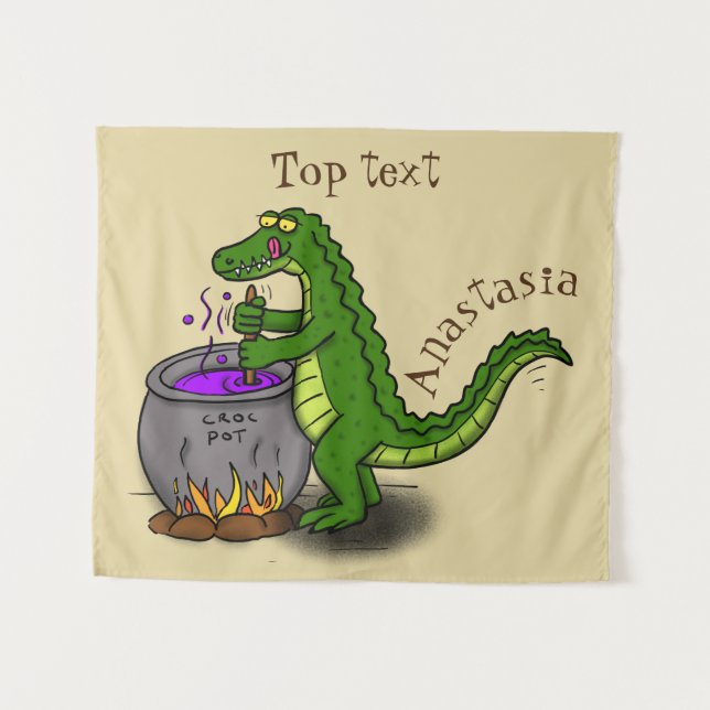 Funny green alligator cooking cartoon  tapestry (Front (Horizontal))