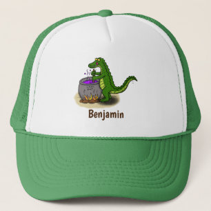 Funny green alligator cooking cartoon trucker hat