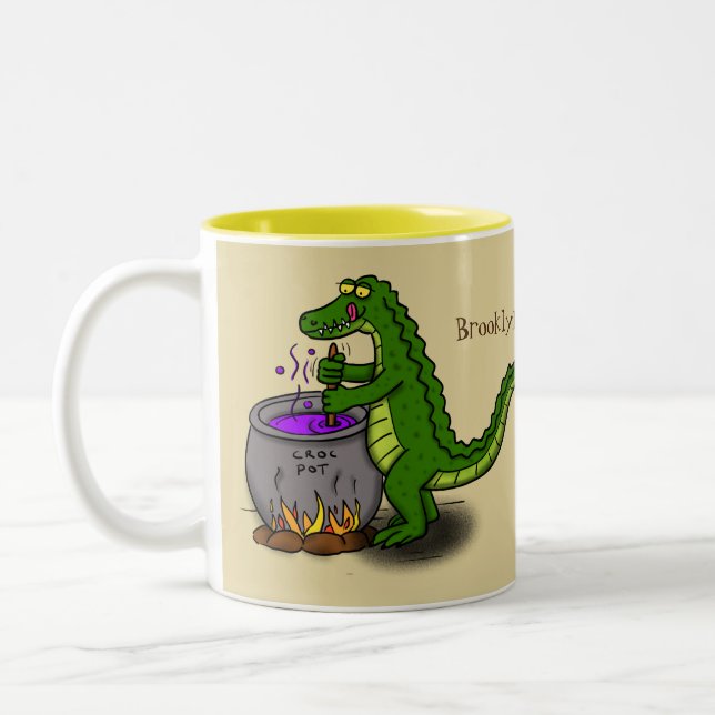 Funny green alligator cooking cartoon Two-Tone coffee mug (Left)