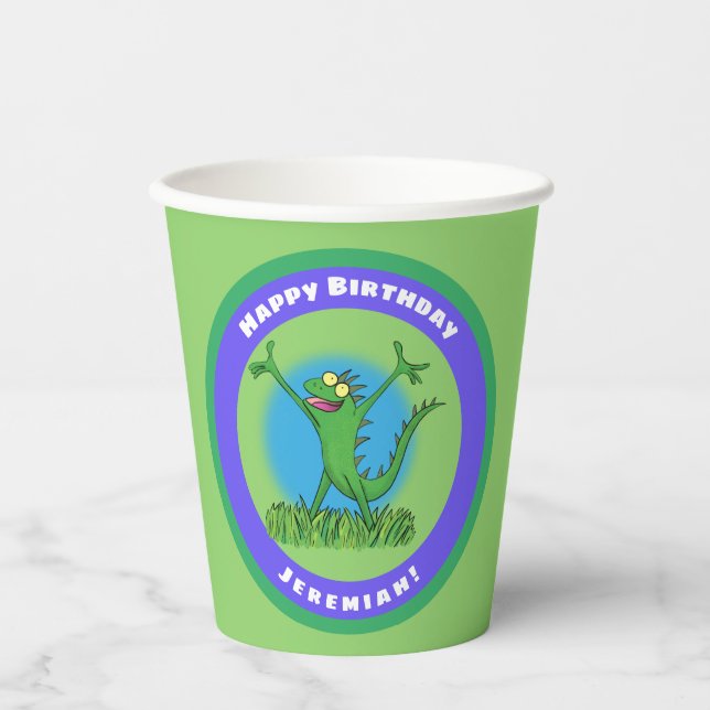 Funny green animated iguana lizard birthday paper cups (Front)
