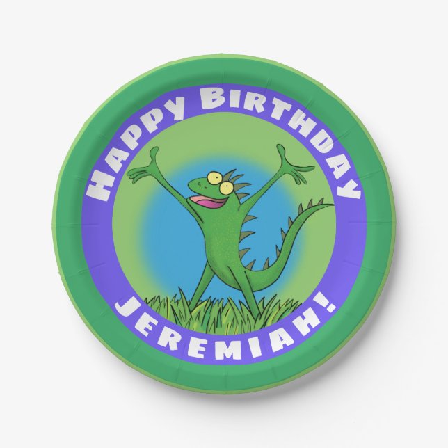 Funny green animated iguana lizard birthday paper plate (Front)