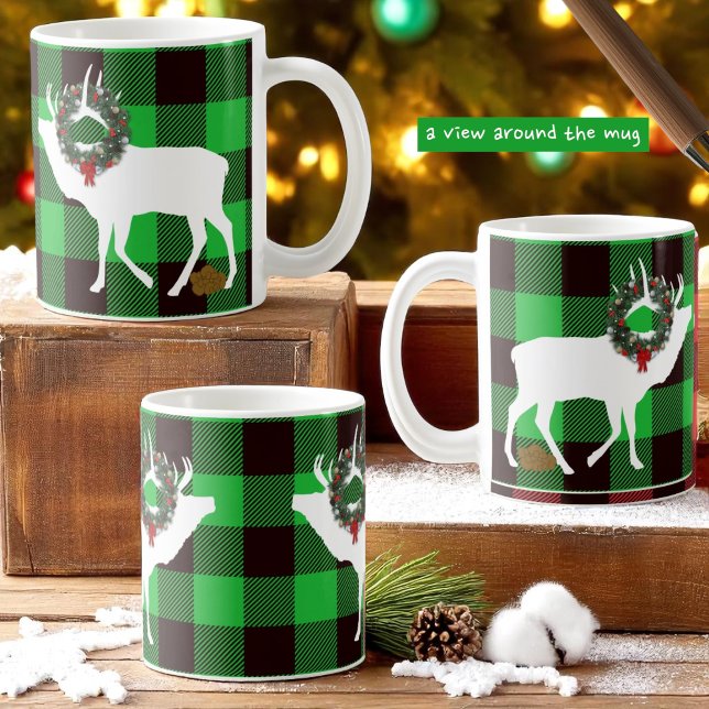Funny Green Buffalo Plaid Elk Pooh Wreath  Coffee Mug (a view of design around the mug)