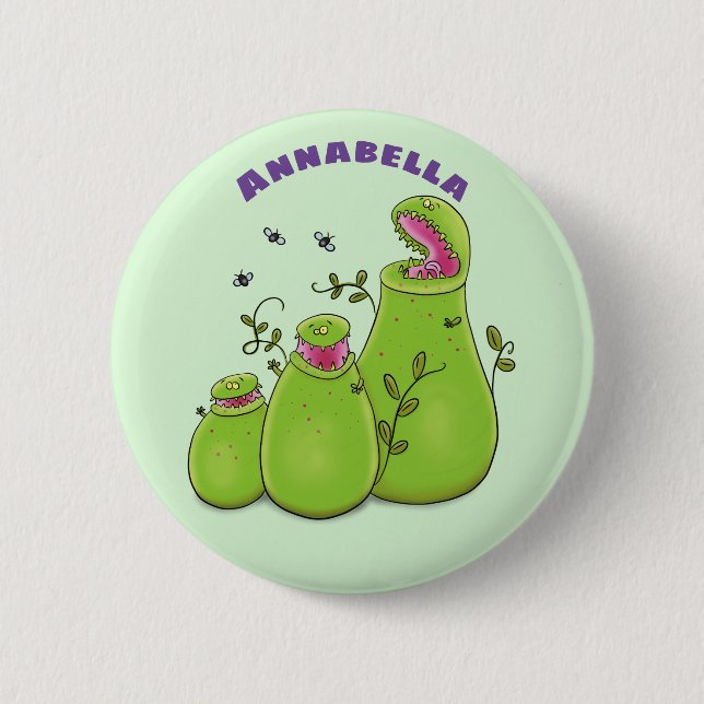 Funny green carnivorous pitcher plants cartoon 6 cm round badge (Front)