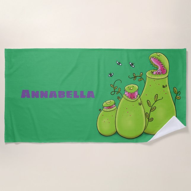 Funny green carnivorous pitcher plants cartoon beach towel (Front)