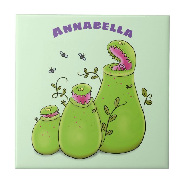Funny green carnivorous pitcher plants cartoon ceramic tile (Front)