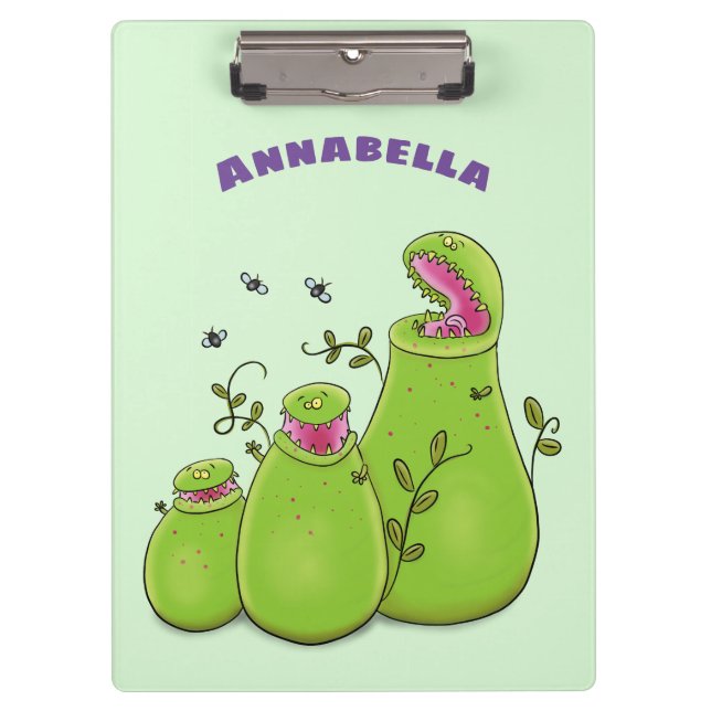 Funny green carnivorous pitcher plants cartoon clipboard (Front)