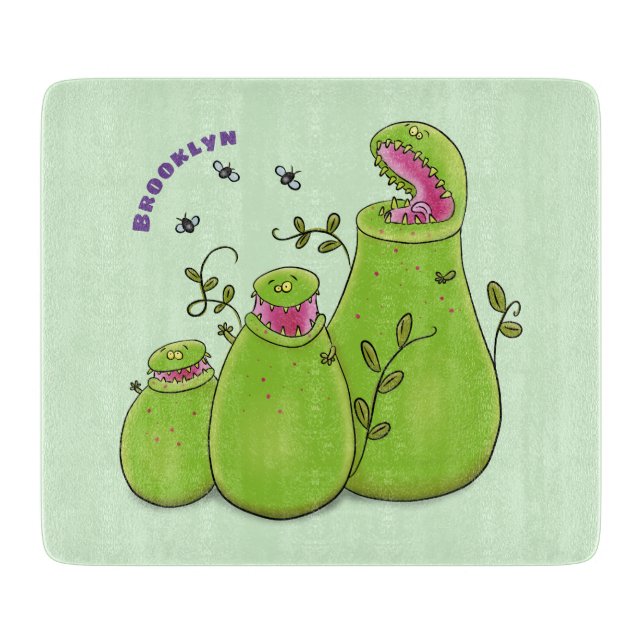 Funny green carnivorous pitcher plants cartoon cutting board (Front)