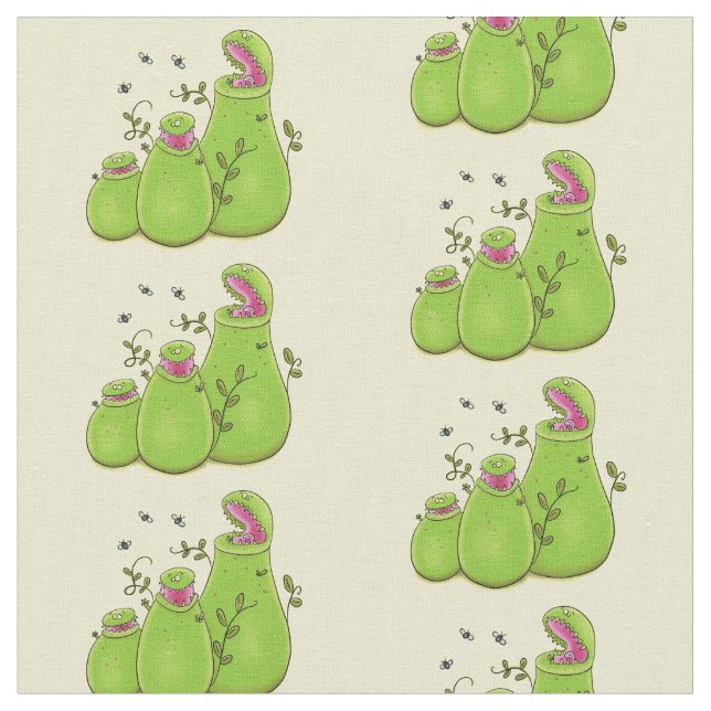Funny green carnivorous pitcher plants cartoon fabric (Close Up)