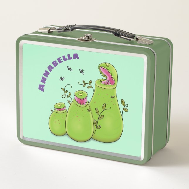 Funny green carnivorous pitcher plants cartoon metal lunch box (Front)