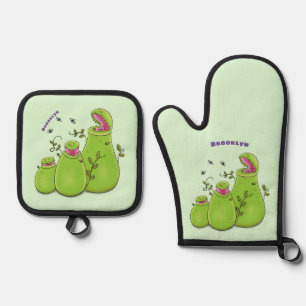Funny green carnivorous pitcher plants cartoon oven mitt & pot holder set