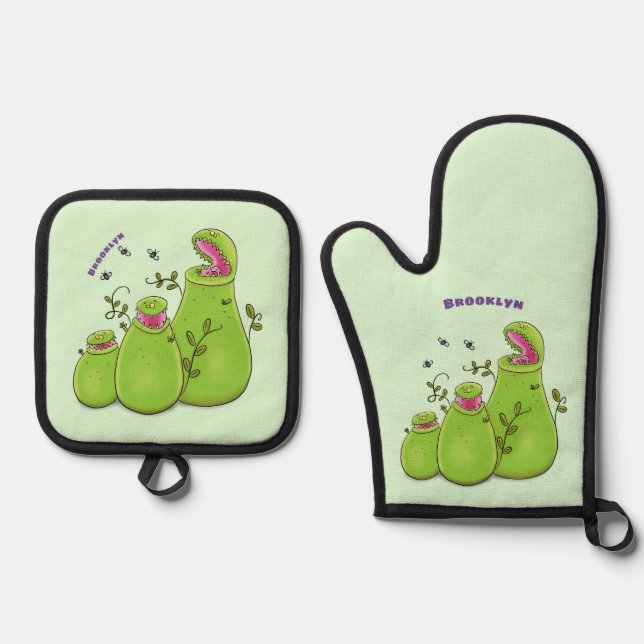 Funny green carnivorous pitcher plants cartoon oven mitt & pot holder set (Front)