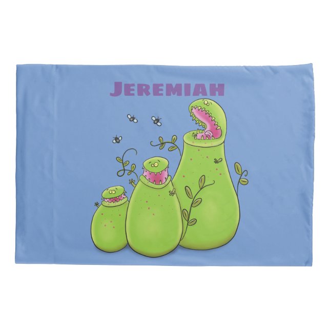 Funny green carnivorous pitcher plants cartoon pillowcase (Back)
