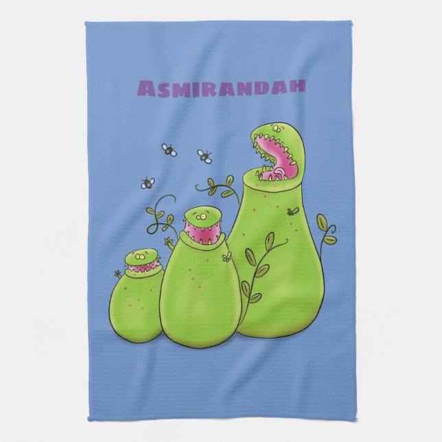 Funny green carnivorous pitcher plants cartoon tea towel (Vertical)