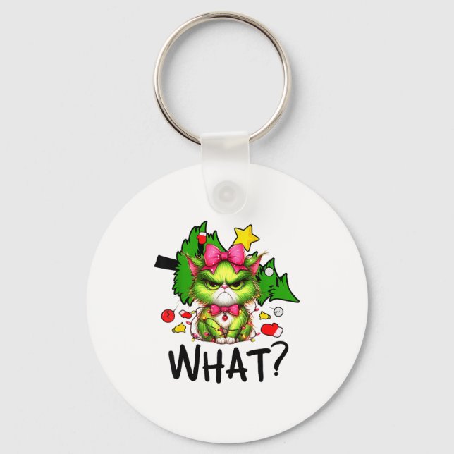 Funny Green Cat Christmas Tree Merry Xmas Humour C Key Ring (Front)