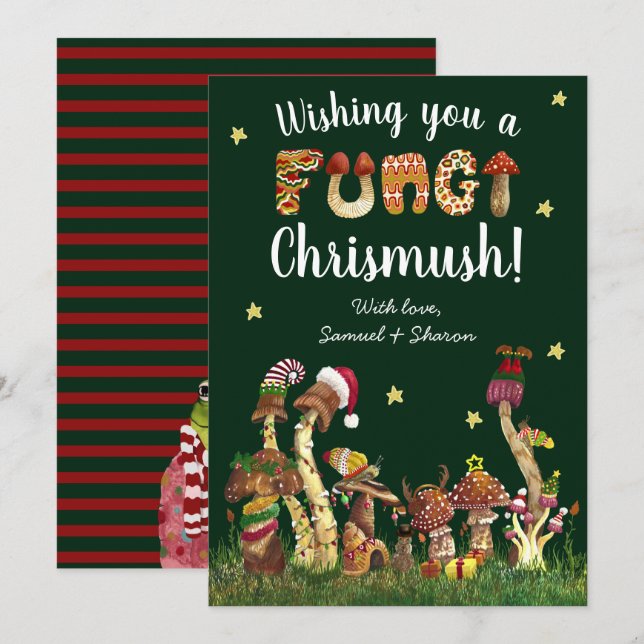 Funny Green Festive Mushroom Fungi Christmas Pun Holiday Card (Front/Back)