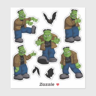 Funny Green Frankenstein Monster Cartoon & Bats